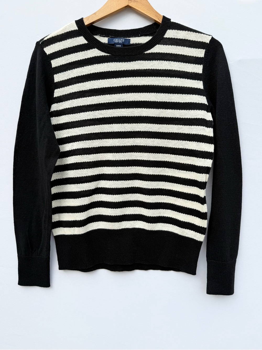 Chaps Breton Stripe Crewneck Sweater Black White Nautical Semi-Sheer Medium
